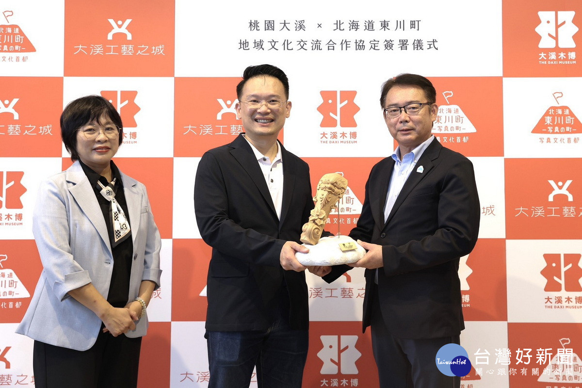 桃園市副市長蘇俊賓致贈菊地伸町長交流紀念品「祥螭迎春」。