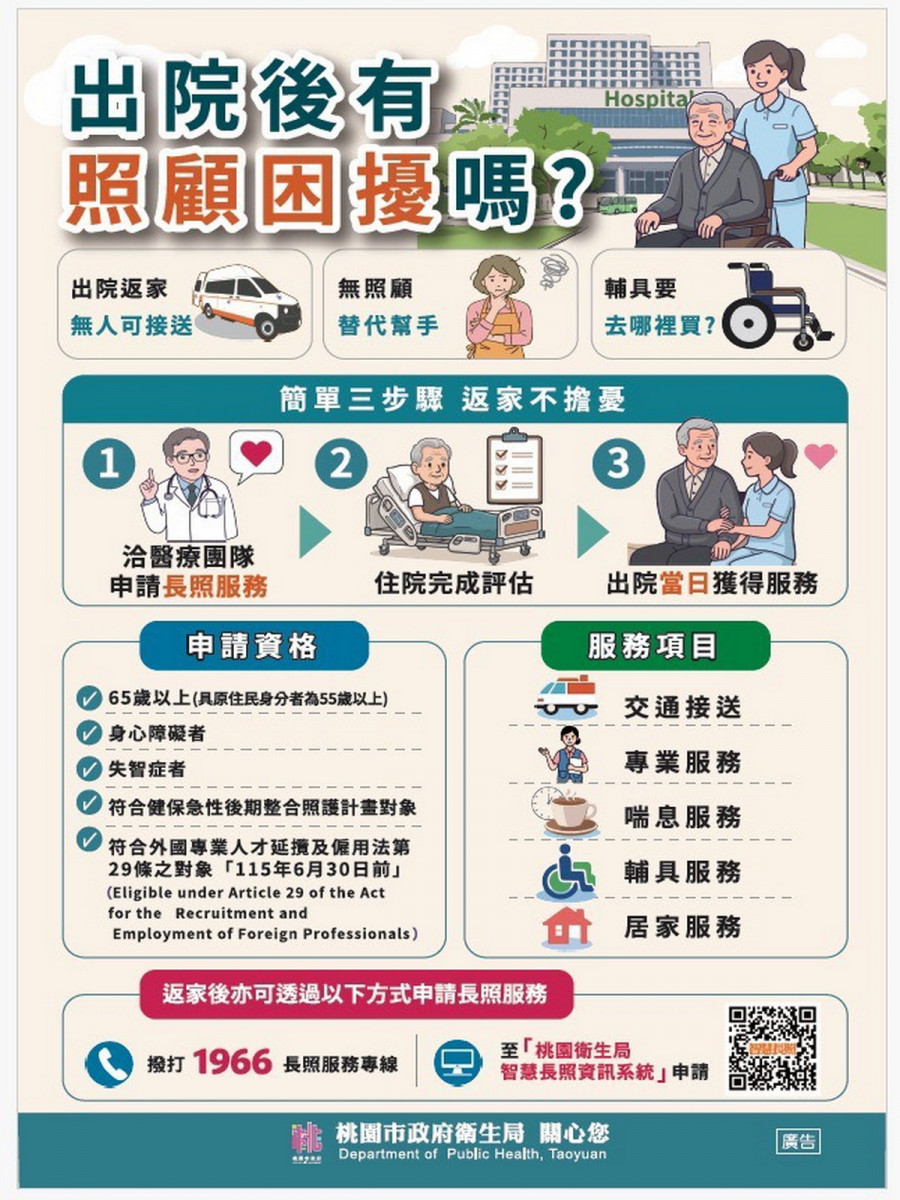 住院就能申請長照,桃園市政府衛生局協助民眾安心返家。<br />