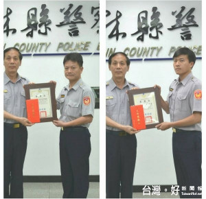 水林所副所長李龍柏、員警吳炳漢盡忠職守、不畏艱難，獲縣警局頒獎表揚為民服務、好人好事優良事蹟。（記者陳昭宗拍攝）