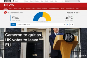 英國脫歐成局，英國首相卡麥隆宣布10月下台（圖／取自BBC官網：http://www.bbc.com/news）