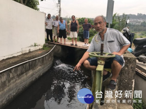 天鴿颱風過境，大甲22日清晨開始下雨，義和二街的灌溉溝同時流下

如墨汁的污水，里長與里民眼睜睜的看到為害地方，卻束手無策。（
記者陳榮昌攝）