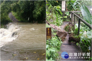 卡努颱風外圍環流發威，羅東林管處管轄的自然步道受損封閉。（圖／羅東林管處提供）