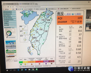 南投縣一旦空品掛紅旗即停止戶外體育課。（記者扶小萍翻攝自環保署官網）
