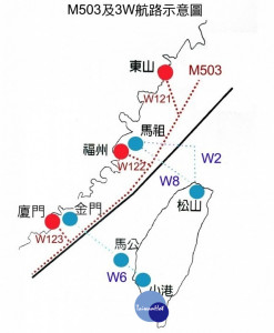 中國未先與台灣溝通，日前逕自啟用M503由南向北航路及W121、W122、W123等3條航路，引發我國領空威脅疑慮。（圖／陸委會提供）