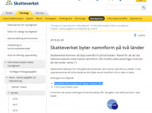 瑞典稅務局2月28日悄悄的修改官網，把台灣列為「中國一省」（圖／翻攝瑞典稅務局網頁skatteverket.se）