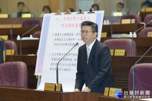 市議員張肇良就敬鵬火災詢問市府推動的消防教育訓練及設置特種消防隊等具體措施內容。(圖／桃園市議會提供)