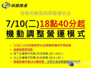 因應瑪莉亞颱風最新動態，機場捷運機動調整營運模式。
