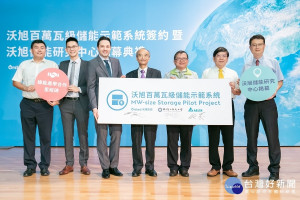 沃旭能源與台達電子正式簽約，建置台灣首座由企業全額贊助的百萬瓦級儲能示範系統。〈由左至右：工業研究院吳俊星博士、沃旭能源市場開發部門經理詹承諺、沃旭能源亞太區總經理暨台灣董事長柏森文、台達電子副總裁蔡榮騰、彰化縣政府機要秘書陳金哲、彰化師範大學陳明飛副校長、工學院陳良瑞院長〉