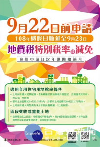 中市地價稅優惠減免 申請至9/23