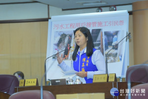 市議員陳美梅反映市府執行污水下水道接管工程施工，造成居民困擾。(圖／桃園市議會提供)