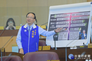 市議員林政賢在總質詢時搭上火紅的副手議題，將前行政院長賴清德與桃園市長鄭文燦兩人進行比較。(圖／桃園市議會提供)