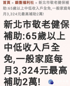 網傳老人健保「每月」補助3,324元，新北市社會局澄清是「假消息」