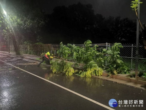 長竹派出所員警冒著風雨移除傾倒路樹／嘉義市警局提供
