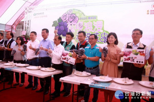 議員草屯農會等來賓推薦草屯巨峰葡萄。（記者扶小萍攝）