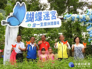 南投埔里台一生態休閒農場（楓樺台一渡假村），精心打造的「蝴蝶迷宮」開幕，〈林明溱縣長〈左2〉、台一企業董事長張國禎〈左3〉、埔里鎮長廖志城〈右2〉等眾多貴賓參加。
