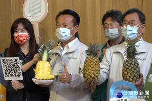 嘉義縣府行銷鳳梨多管齊下，縣長翁章梁(中)、立委陳明文(右)與嘉義縣農會總幹事黃貞瑜(左)，出席「嘉義鳳梨預購平台」啟動記者會／陳致愷翻攝