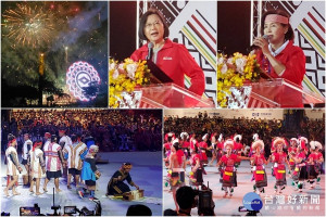 110年全國原住民族運動會精彩開幕，由總統蔡英文宣布運動會開始（上中）、宜蘭縣長林姿妙（上右）歡迎各地選手及佳賓們的到來。（圖∕陳木隆攝）