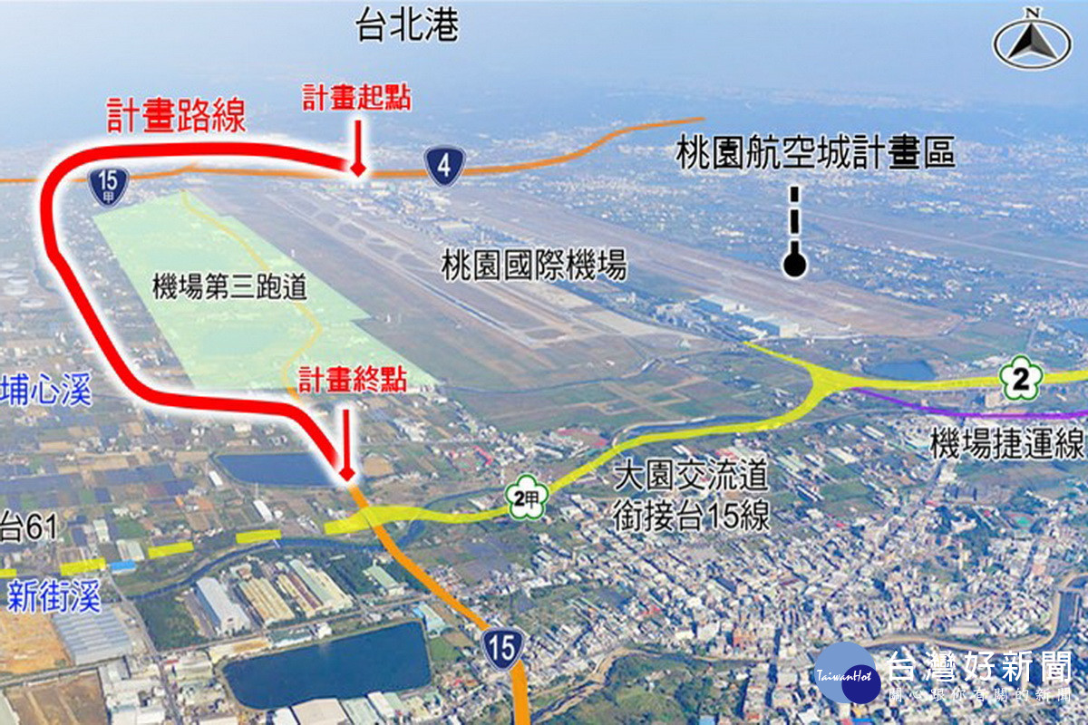 「台15線及台4線配合桃園國際機場擴建辦理改線工程」工程路線示意圖。