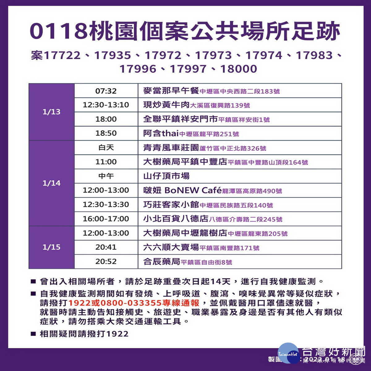 桃園市政府公布疫調足跡。