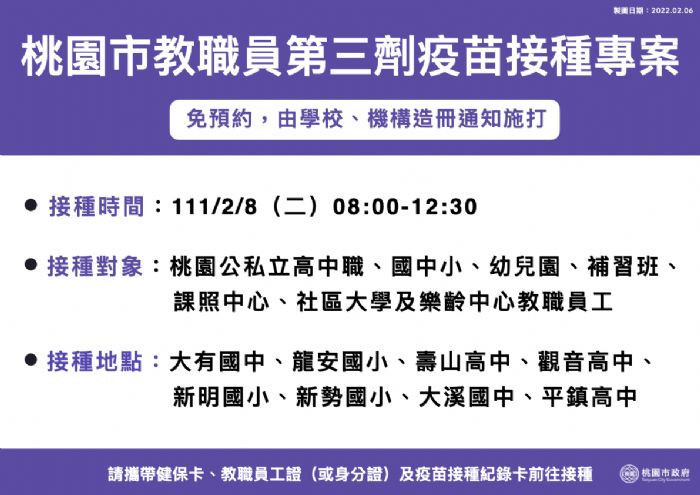 桃市府規劃2月8日進行桃園市教職員第三劑疫苗接種專案服務