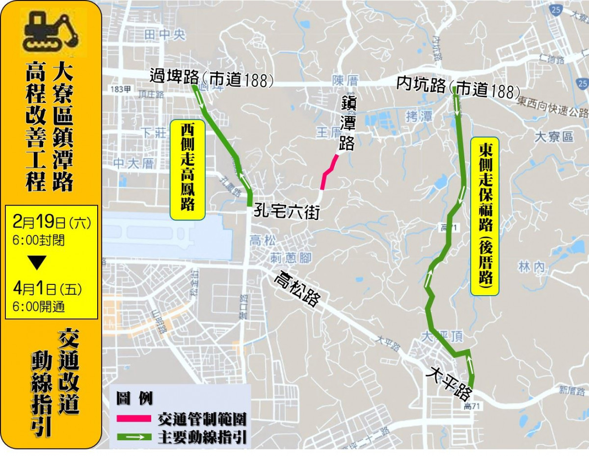 高雄大寮區鎮潭路高程改善工程　2/19~3/31施工封路