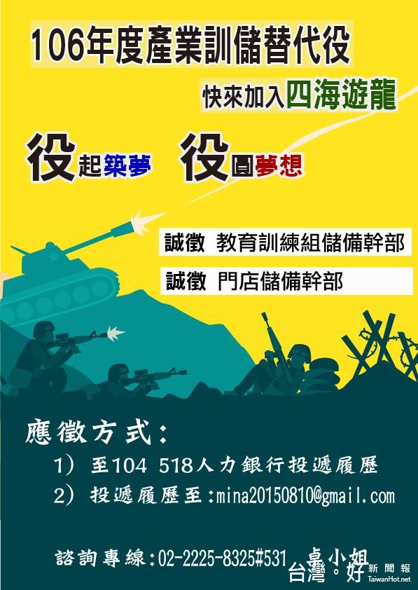 四海遊龍日前發出招募訊息，說明該公司要招募「106年度產業訓儲替代役」，鼓勵年輕人「役起逐夢」、「役圓夢想」，徵求「門店儲備幹部」以及「教育訓練儲備幹部」。（圖／四海遊龍Facebook）