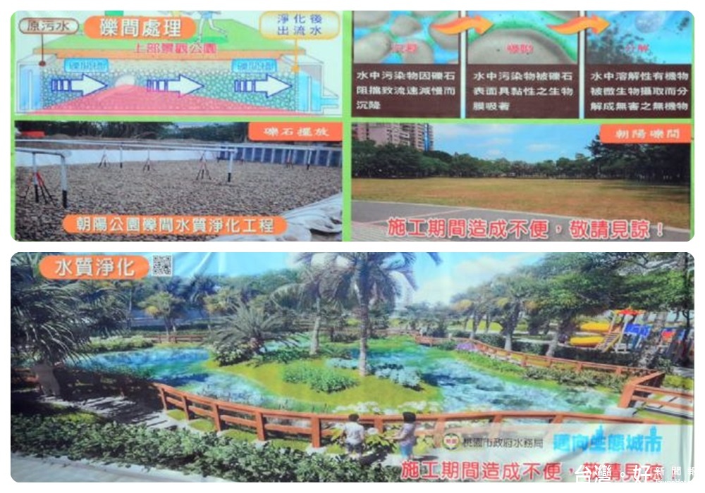市長鄭文燦時表示,朝陽公園礫間水質淨化工程預定明年12月完工,未來民眾可在沿岸綠帶享受親近水岸之樂。