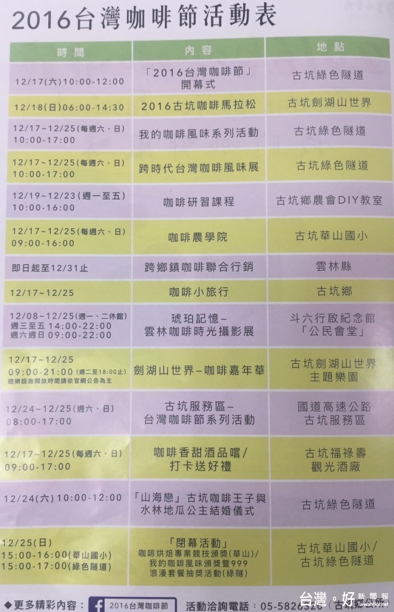 2016台灣咖啡節活動表,更多精彩內容可上「2016台灣咖啡節」臉書追踨動態。(記者簡勇鵬攝)