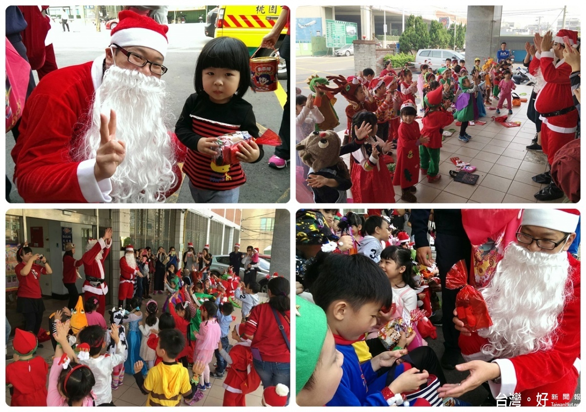 哈囉凱蒂幼兒園小朋友結合聖誕踩街活動,前往大園派出所報佳音。