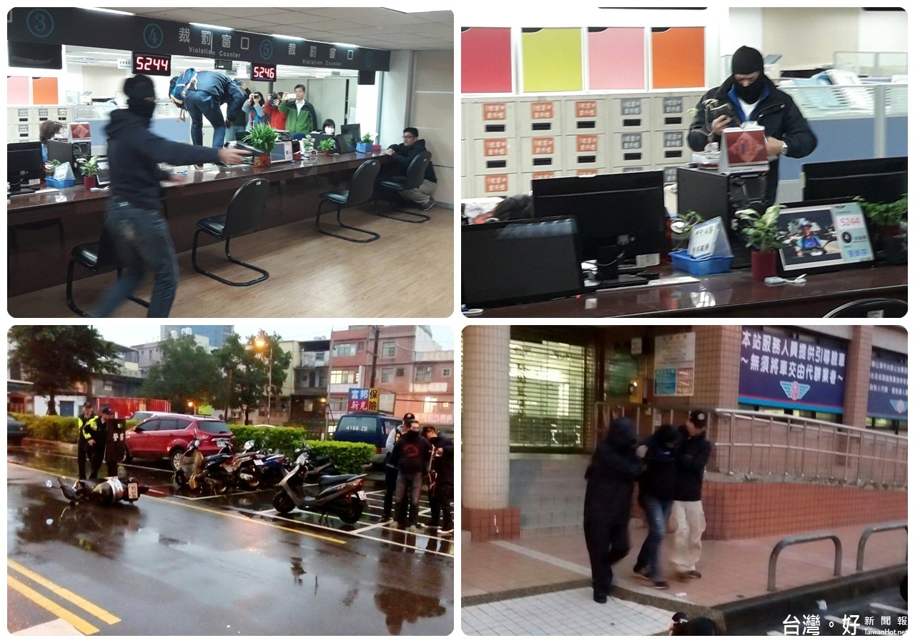 加強年節安全維護,桃園警察分局與桃園市政府交通裁決處共同進行防搶演練。