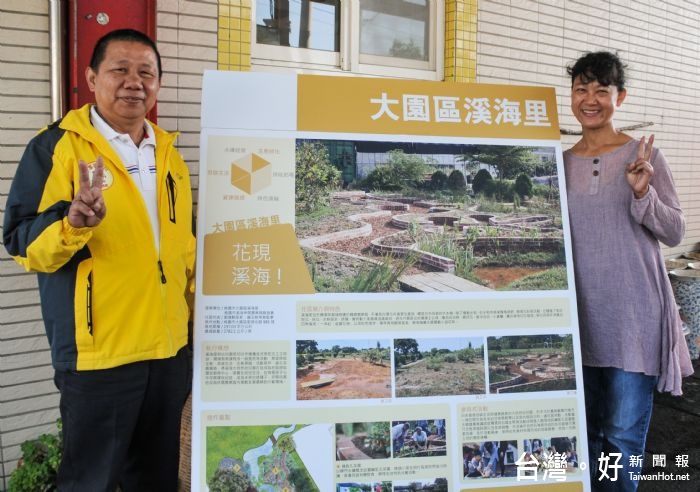 溪海里劉健勳里長(左)及溪海里幼兒園長羅玉新(右)介紹低碳鄰里成果。