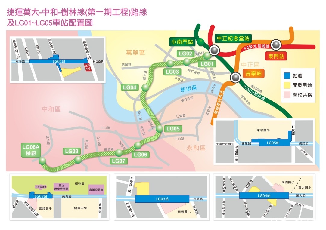 萬大線第一期工程全長約9.5公里，9座車站名稱分別為中正紀念堂站、植物園站、廈安站、加蚋（讀音ㄌㄚˋ）站、永和站、中和站、雙和醫院站、中和高中站及莒光站。（圖／台北市政府捷運工程局）