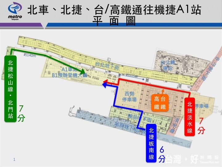 北車、北捷、台/高鐵通往機捷A1站平面圖(圖/桃捷公司)