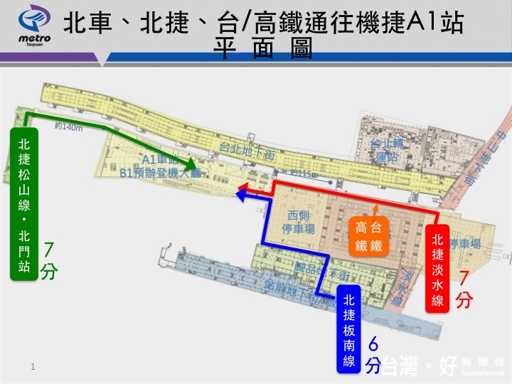 北車、北捷、台／高鐵通往機捷A1站平面圖（圖／桃捷公司）