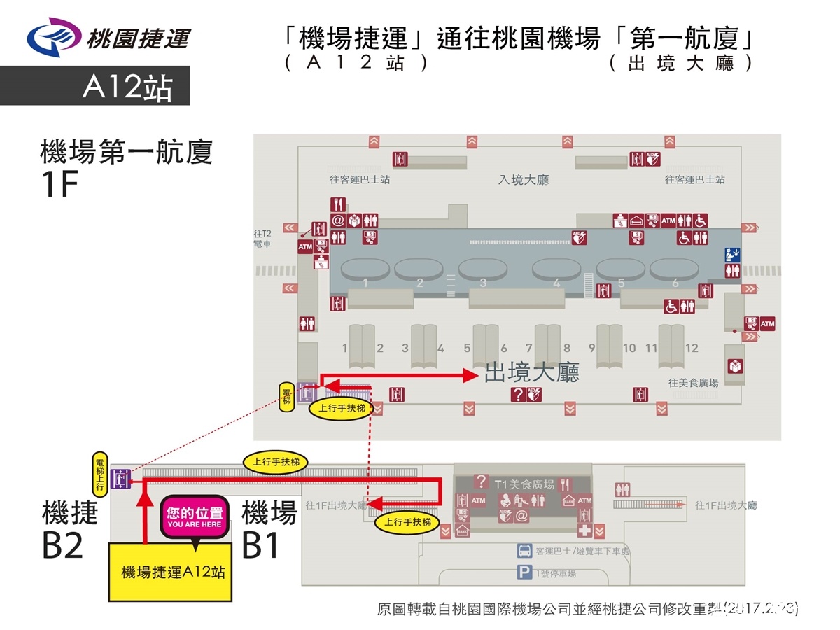 桃園捷運轉乘桃園機場平面路線圖-機捷A12站至機場第一航廈出境大廳