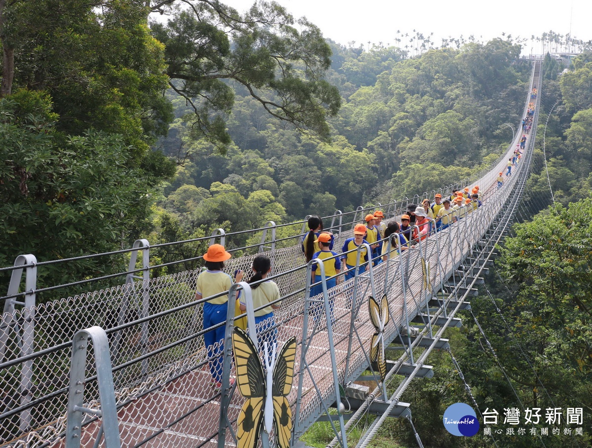 小學生分批走過「天空之橋」瞭解在地農產業。