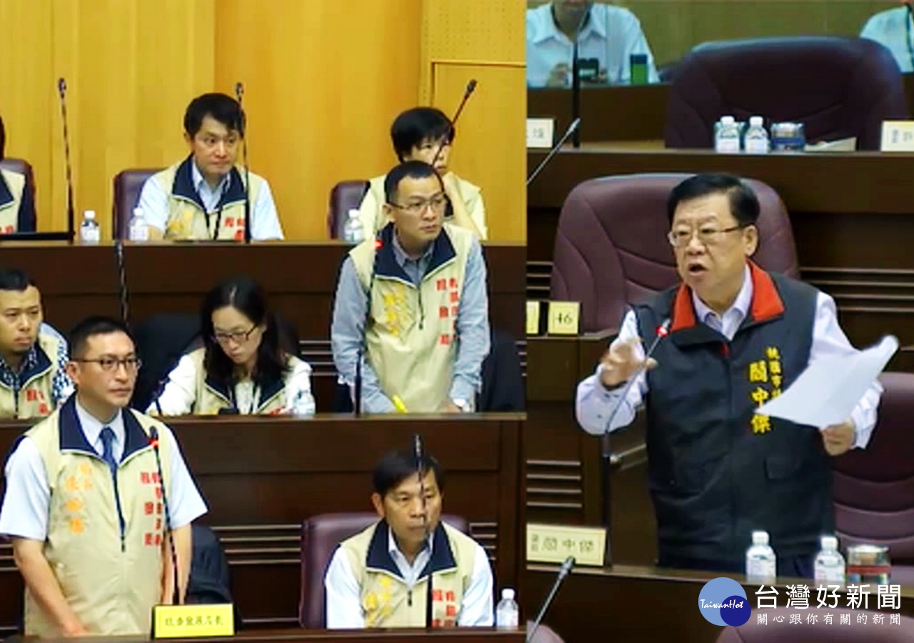 針對稅留桃園及龍潭地區商圈改造等問題,桃園市議員閻中傑於議事堂上提出質詢。