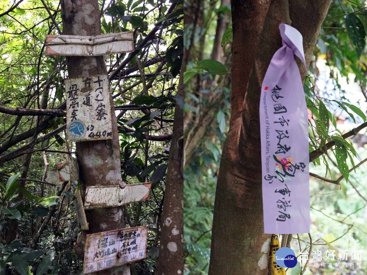 八寮古道與十寮之分界點(左),客家事務局為免登山客迷路特製的指標(右)