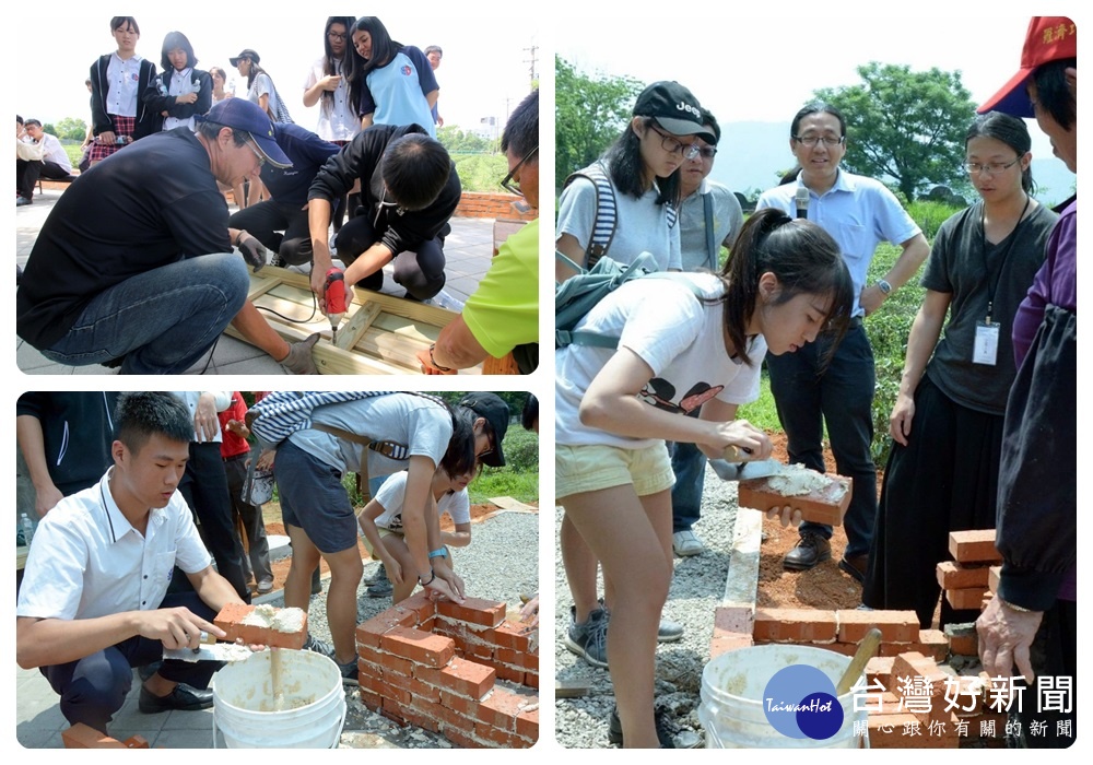 中原師生與社區民眾在國寶級師傅蔡松柏帶領下體驗糯米牆砌磚的過程。