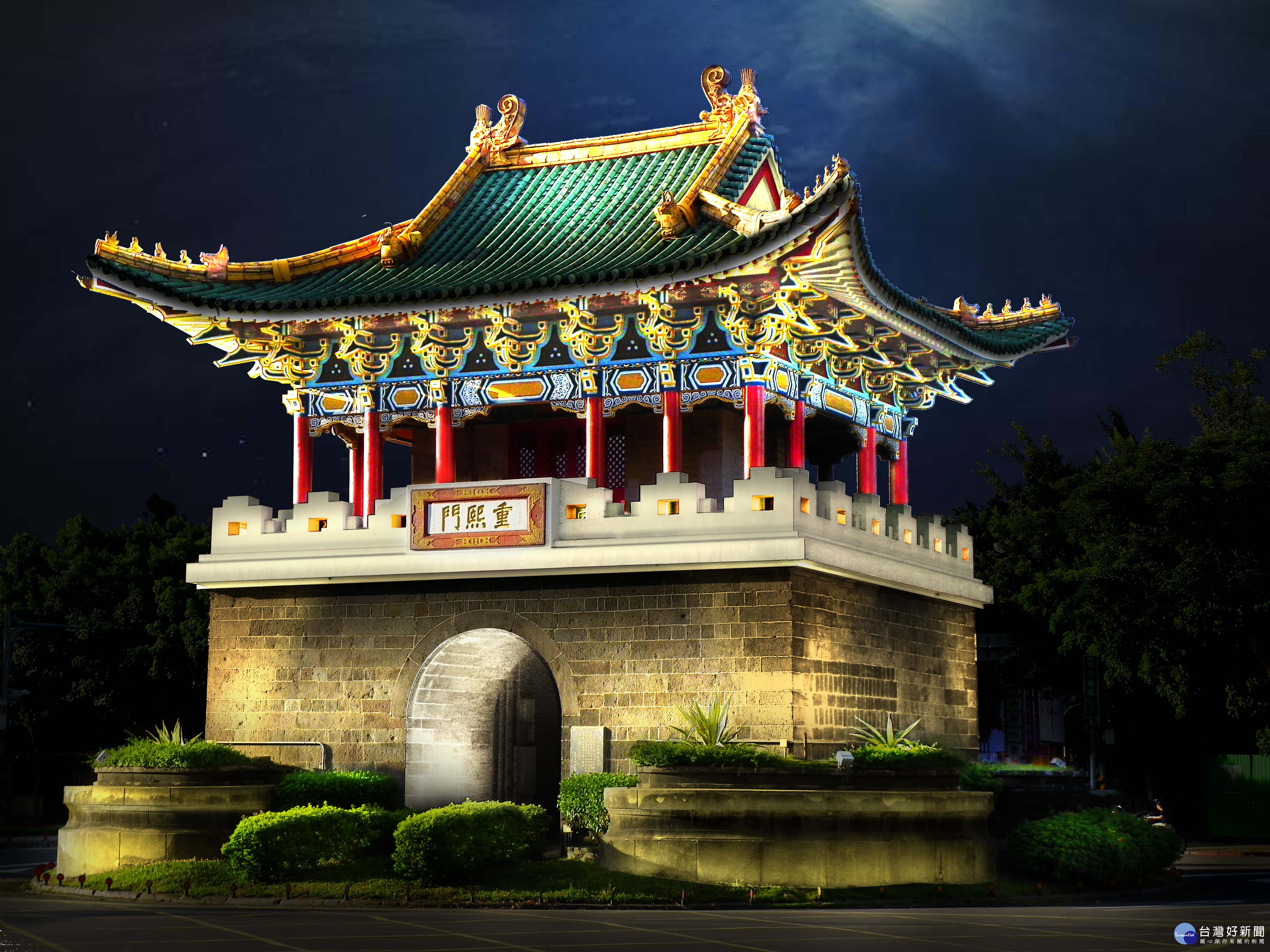 小南門(重熙門)燈光修復後模擬夜景。(圖/北市工務局提供)