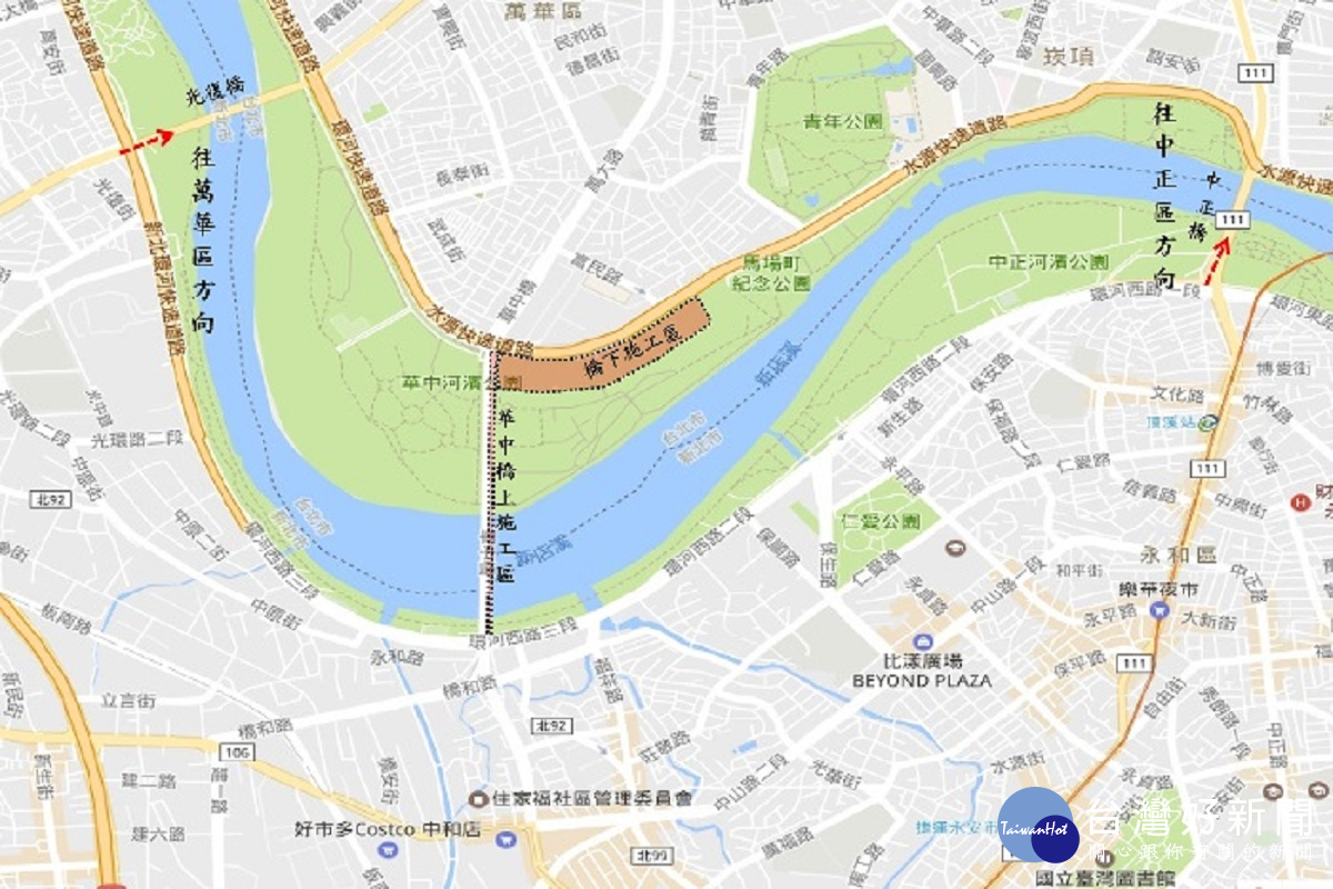 華中橋延至106年7月4日起封閉新北市往臺北市方向之機慢車道,建議改道方向。(圖/台北市政府工務局提供)