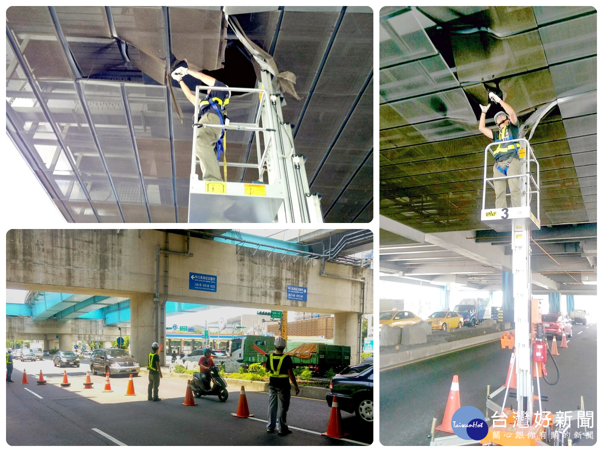 機場捷運A8長庚醫院站橋下電力系統遭超高的聯結吊車撞壞,機捷人員緊急搶修。
