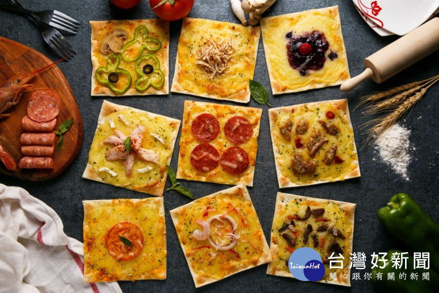 正方形的薄脆餅皮是披薩市Pizza Rice的招牌。(圖/披薩市Pizza Rice提供)