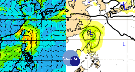 左為16日20時的美國(GFS)模式，模擬26日20時地面風場圖，右為同時的歐洲中期預報中心(ECMWF)模式，模擬25日20時地面氣壓圖，兩者位置巧合得幾乎一致，但時間差了1天。此為模式第9或第10天的模擬，當然不可盡信，得再觀察。（圖／翻攝 洩天機教室）