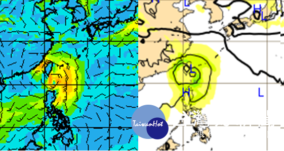 左為16日20時的美國(GFS)模式,模擬26日20時地面風場圖,右為同時的歐洲中期預報中心(ECMWF)模式,模擬25日20時地面氣壓圖,兩者位置巧合得幾乎一致,但時間差了1天。此為模式第9或第10天的模擬,當然不可盡信,得再觀察。(圖/翻攝 洩天機教室)