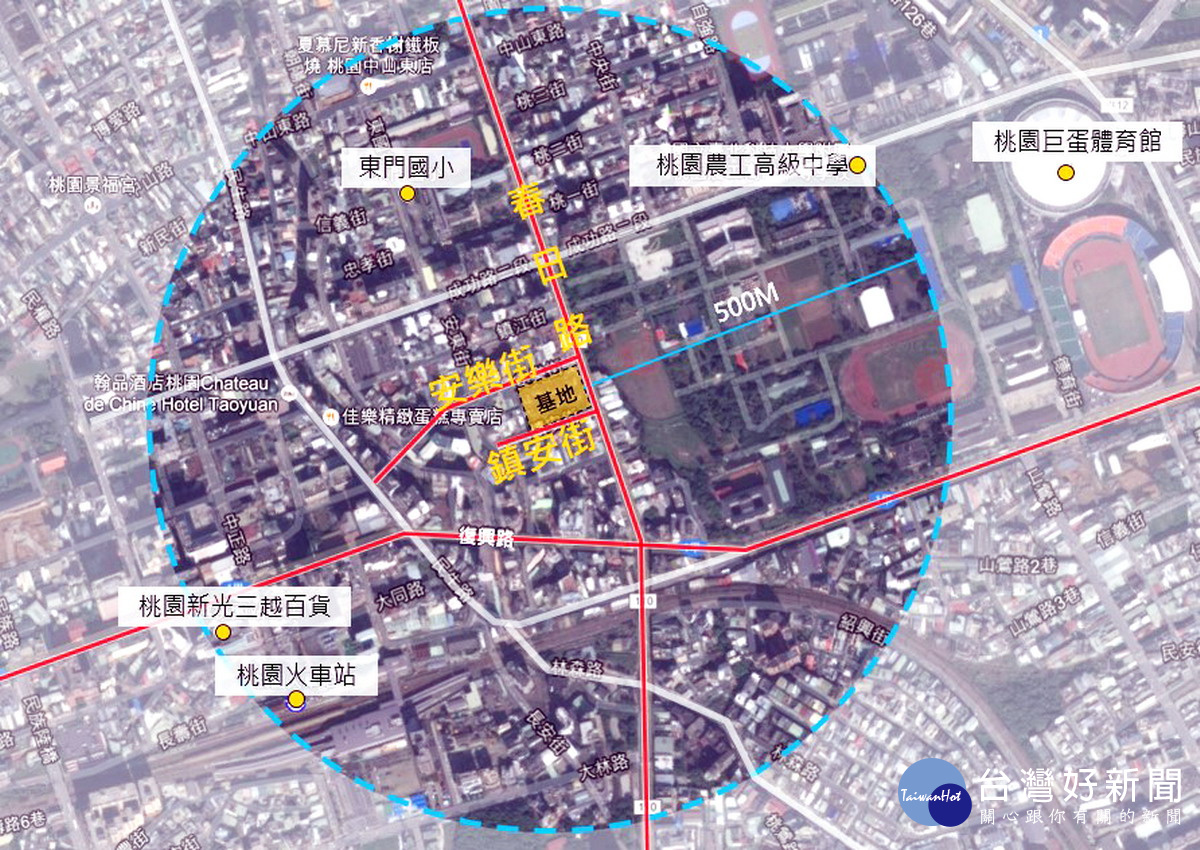 桃園東門公有零售市場基地範圍圖。