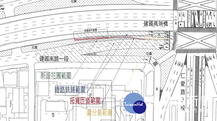 台北市政府工務局新建工程處將從9月1日起，進行建國高架仁愛路口南下匝道拓寬工程，預計2018年5月4日前全部完工。（圖／台北市政府工務局新建工程處）