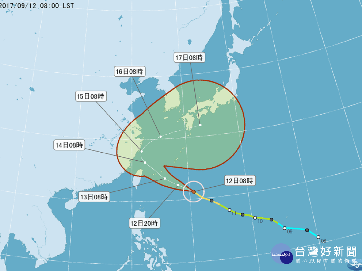 泰利颱風路徑再往北修，登陸台灣或是成為西北颱機率不高，但暴風圈仍會影響北台灣，預計今日上午11時30分發布海上颱風警報。（圖／中央氣象局提供）