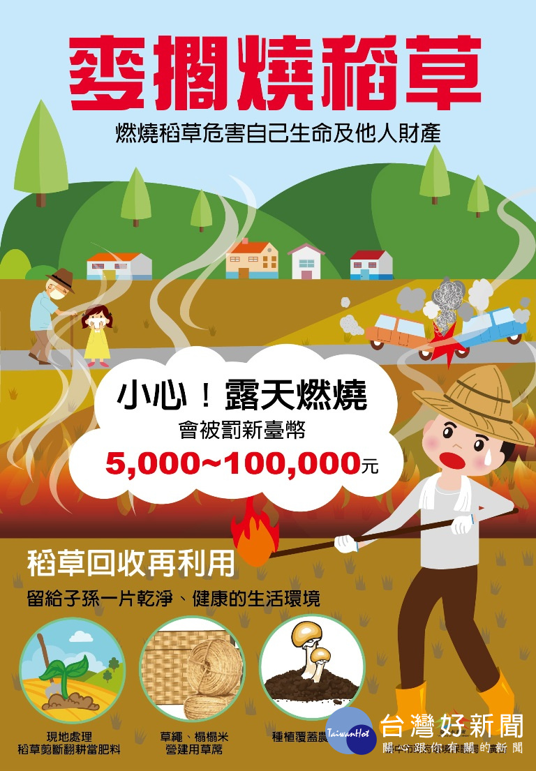 圖說：中市環保局勸導農民不要燒稻草，以免受罰。(圖/台中市府環保局)