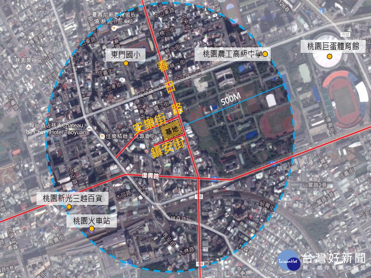 桃園區東門公有零售市場基地位置圖。